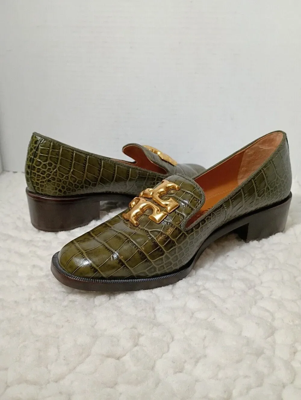 Tory Burch Eleanor Heeled Loafer 8.5 Green Croco Emboss Leccio Gold Logo Bazil